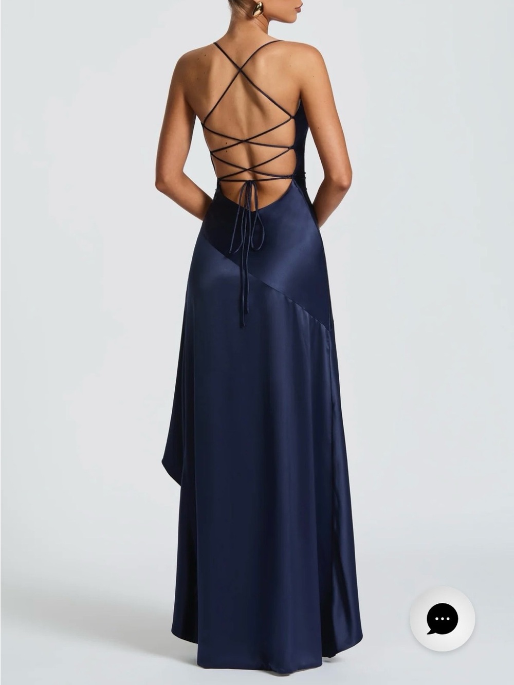 Navy Satin Ruffle High-Slit Evening Dress - Picture 2 of 2